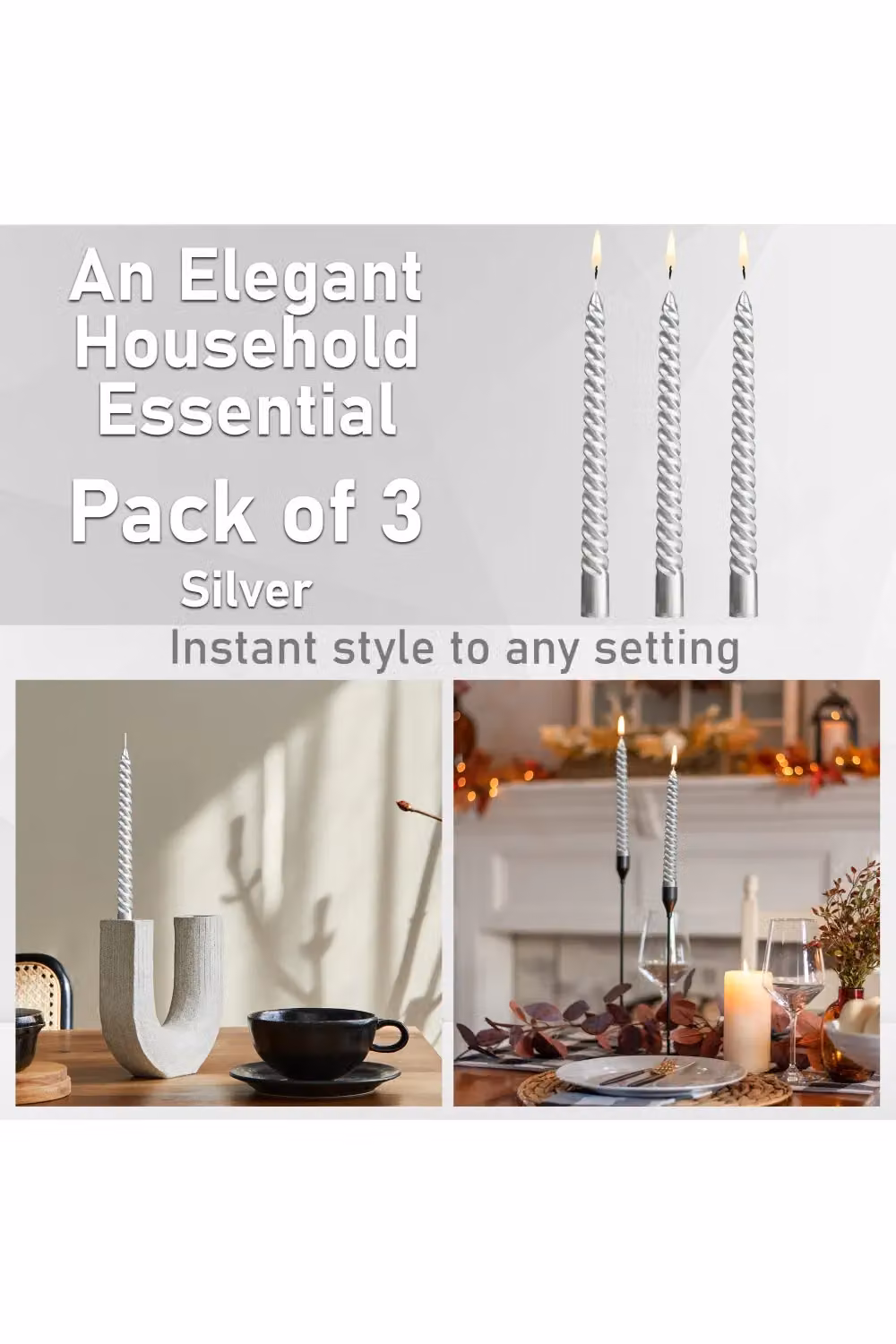 Deco Express Non Drip Twisted Non Scented Dinner Candles, Silver, Pack of 3 – 3
