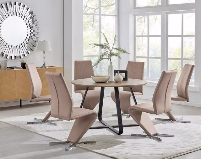 FurnitureboxUK Santorini Round Brown Wood Effect Dining Table and 6 Willow Beige Faux Leather Chairs, W: 120 cm, H: 75 cm
