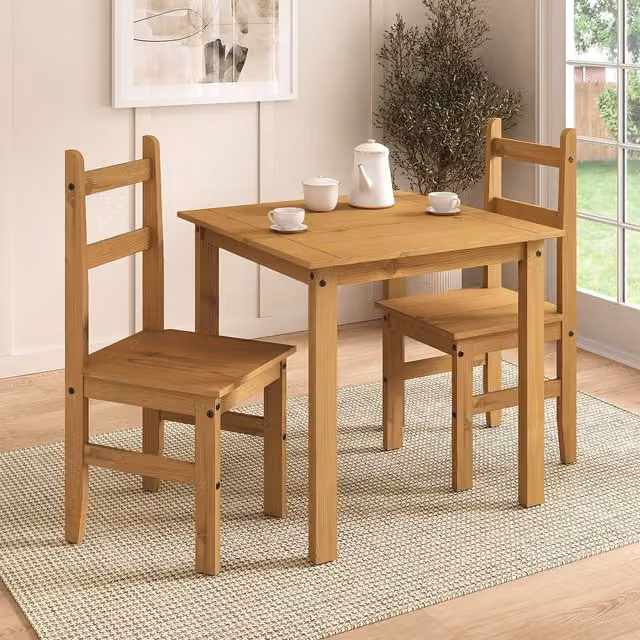 Mews Rustic Waxed Pine Dining Set with Square Table and 3 Chairs in Brown and Black