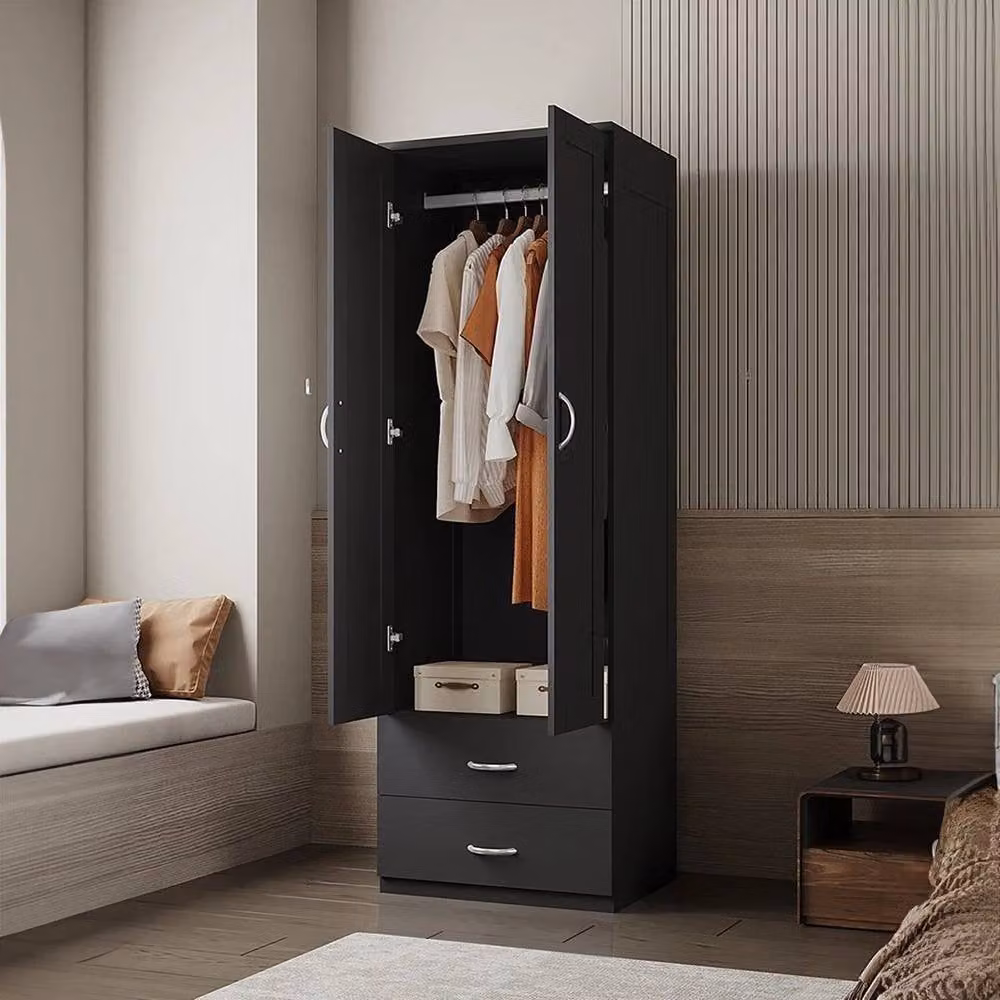KORVIXA Modern Black Wooden 2-Door Tall Wardrobe with 2 Integrated Drawers, W/D/H: 100 x 100 x 100 cm – 3