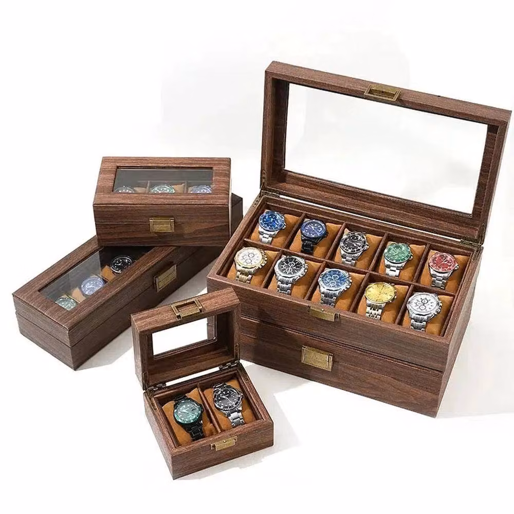 Havendro 12 Grid Watch Display Box and Jewellery Organiser in Brown Wood and Glass – 2