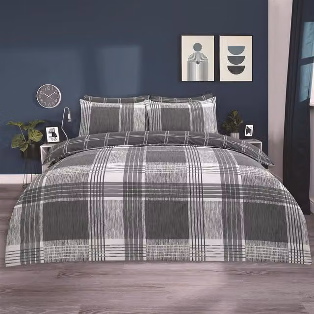 OHS Grey Checked Tartan Duvet Cover Set, 180 x 200 cm