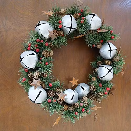 Shatchi Green and Silver Christmas Wreath with Bells, Stars and Pine Leaves, Diameter: 25 cm – 2