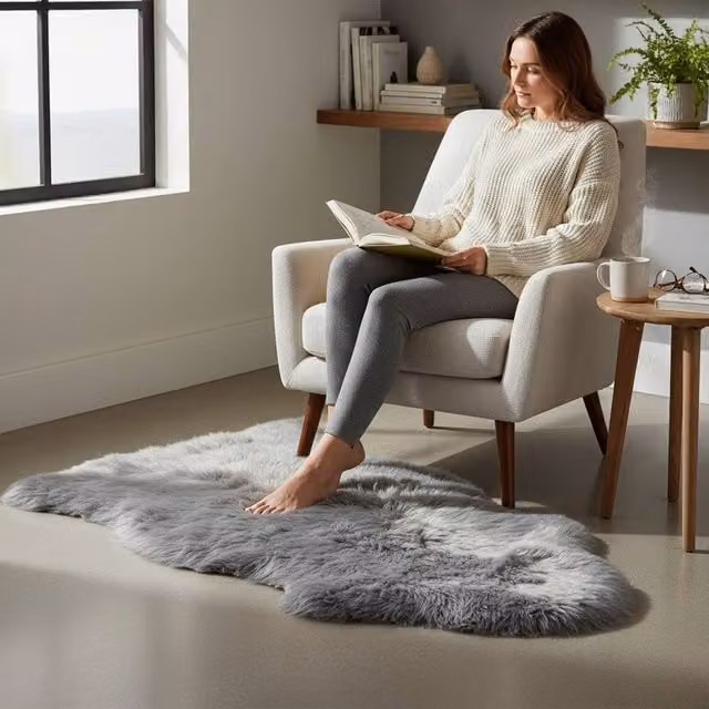 Infinity Leather Grey Real Sheepskin Natural Wool Single Rug, W: 90 cm, D: 60 cm – 1