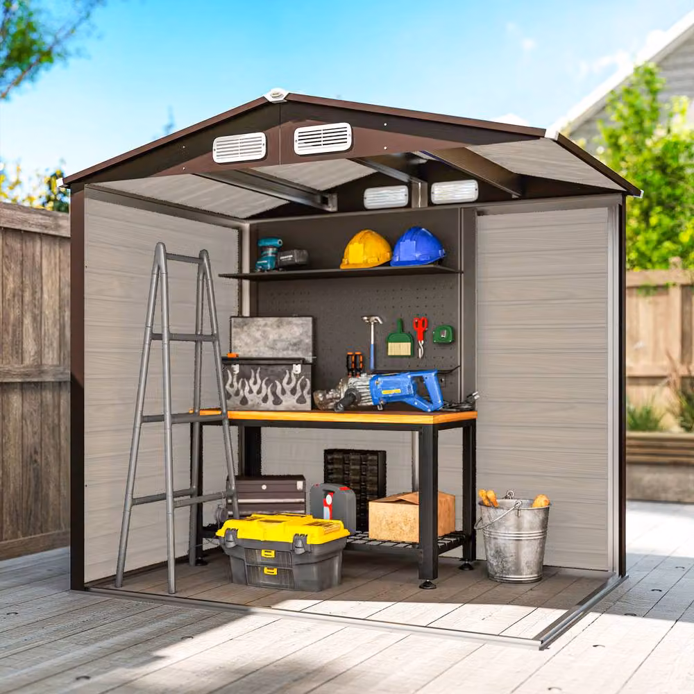 Rolipo Galvanised Steel Garden Shed with Lock, Oak Brown, W/D/H: 121.92 x 188.0 x 188.0 cm – 9