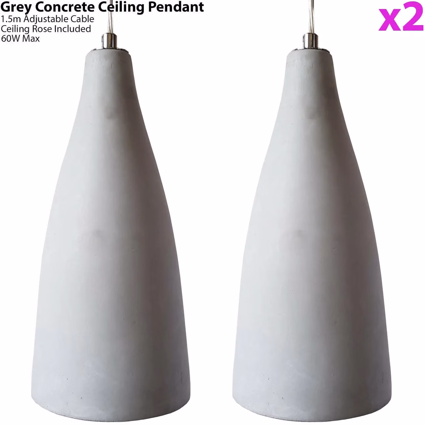 Loops Retro Grey Concrete 2x Ceiling Pendant Light Kit with Dimmable LED Hanging Lamps – 2