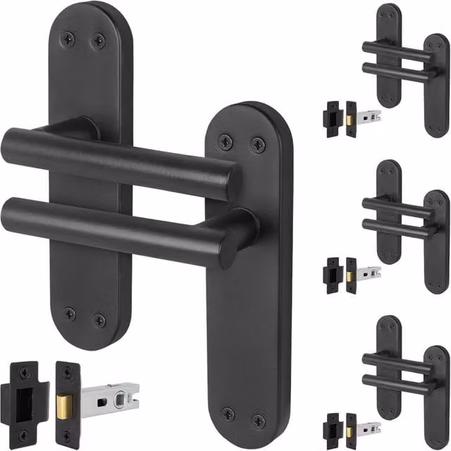 AFIT Matt Black T-Bar Door Handle Latch Backplate Set, 4 Pairs, W/D/H: 15 x 15 x 1.75 cm
