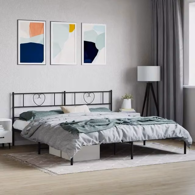 Berkfield Home Metal Bed Frame with Headboard in Black, W/D/H: 180 x 200 cm Super King