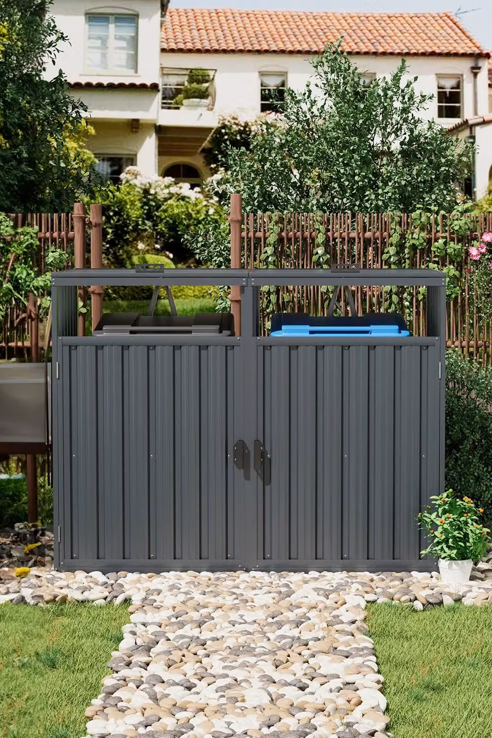Living and Home Dark Grey Metal Outdoor Bin Store Garden Storage Shed – 1