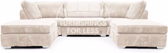 Furnishings For Less UK Bishop U-Shaped 5 Seater Large Sofa in Cream Jumbo Cord Fabric with Matching Ottoman and Scatter Cushions
