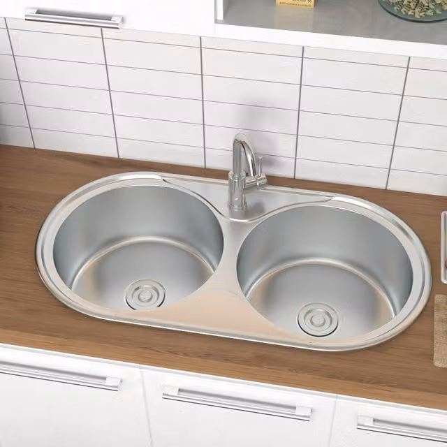 Livingandhome Stainless Steel Double Circular Basin Kitchen Sink in Silver
