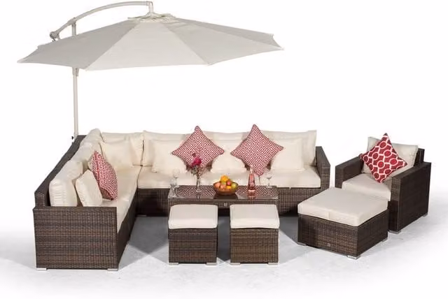 Giardino Havana 7 Seat Rattan Sofa and Armchair Set with Coffee Table and 3 Stools in Brown