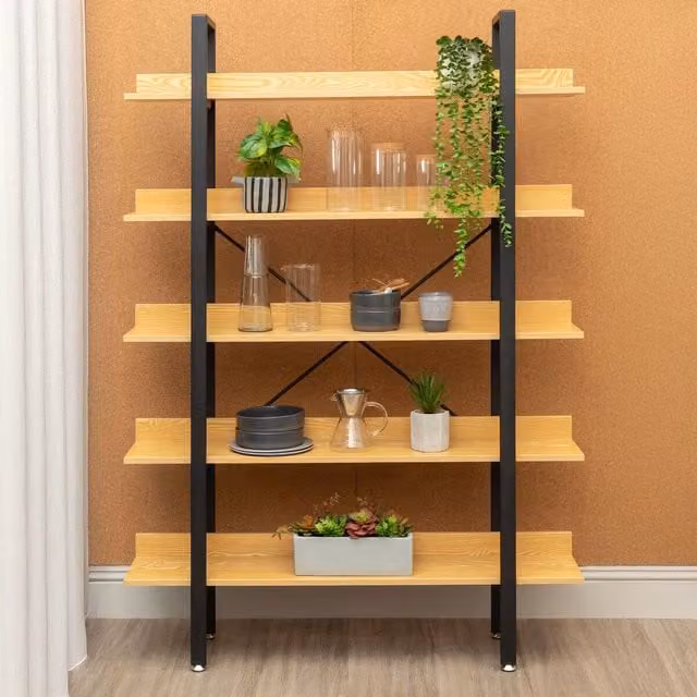 Orsina 5 Tier Shelving Unit with Light Yellow Wooden Shelves and Black Metal Frame, H 170 x W 120 x D 28 cm