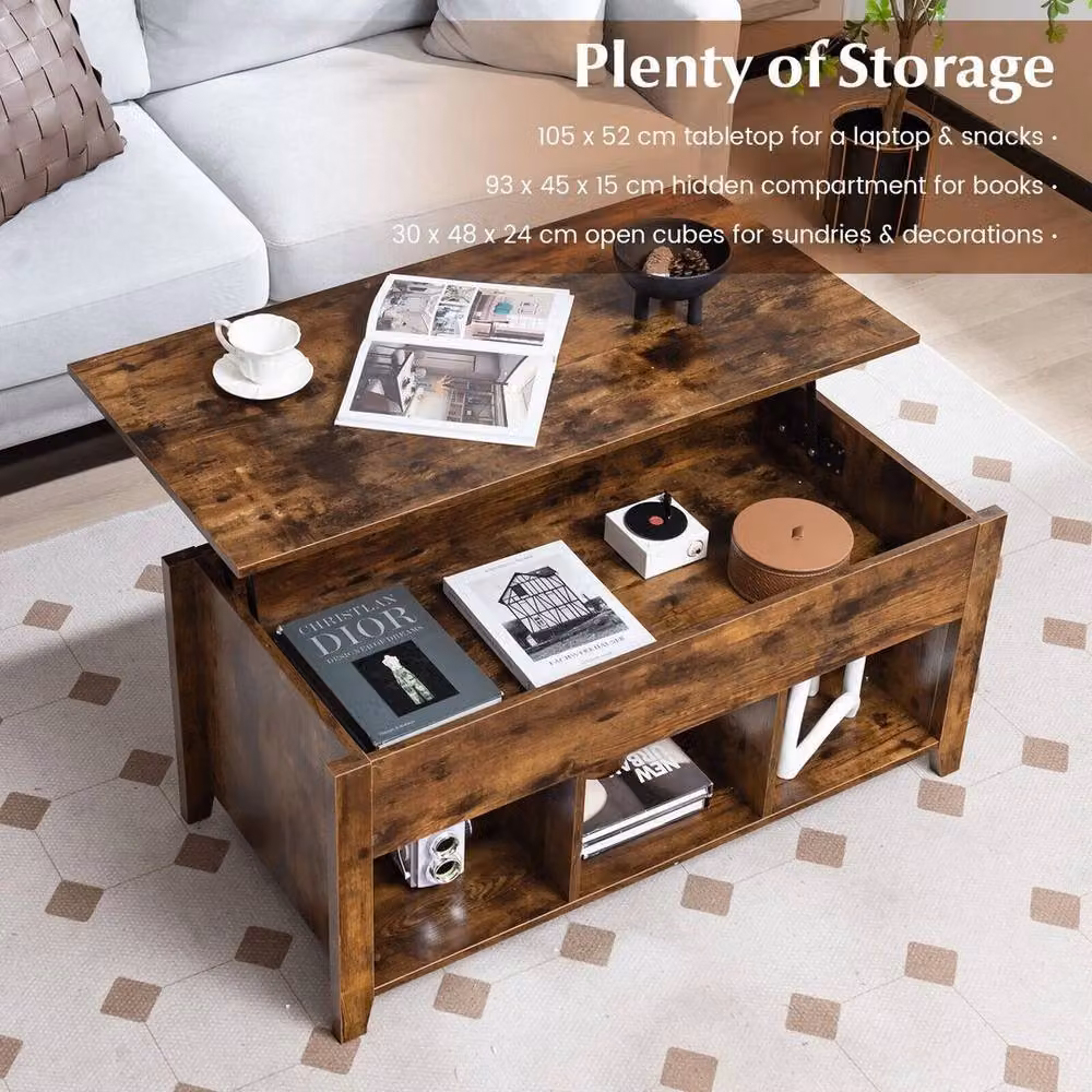 Kelvenix Brown Wood Lift Up Coffee Table with Rising Tabletop – 4
