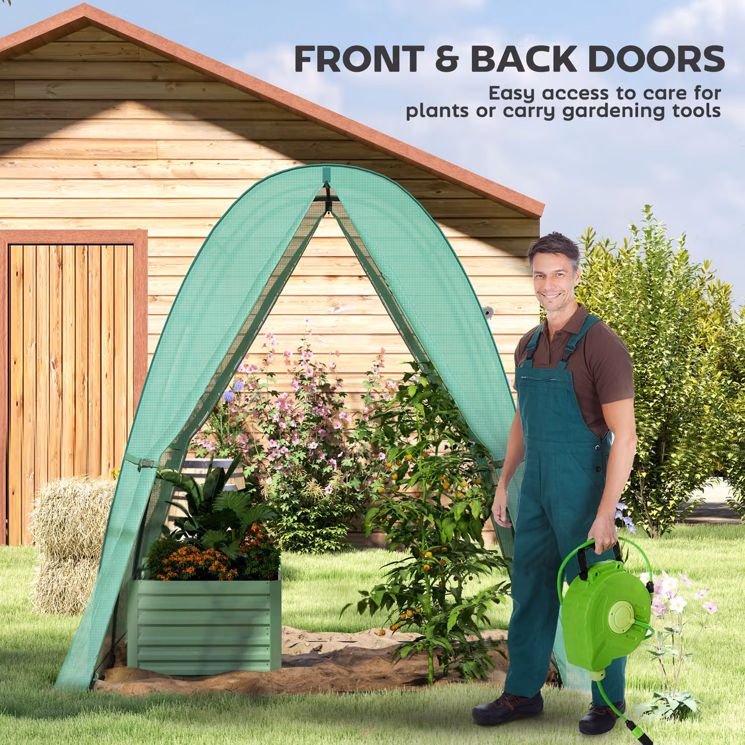 Outsunny Green Hoop House Greenhouse with Sandbags, Walk-In Tunnel with 2 Doors and Screen Windows, W/D/H: 180 x 180 x 200 cm, Green – 4