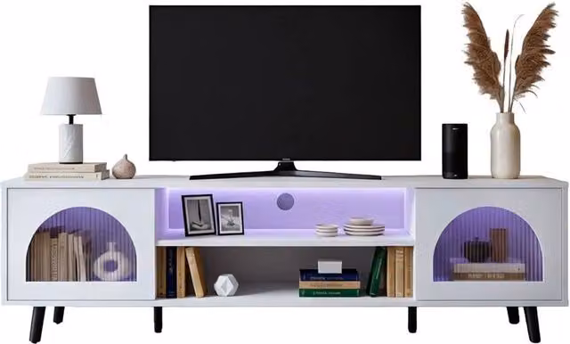 KORVIXA Modern White TV Stand Cabinet Unit with 2 Glass Doors and Integrated Lighting