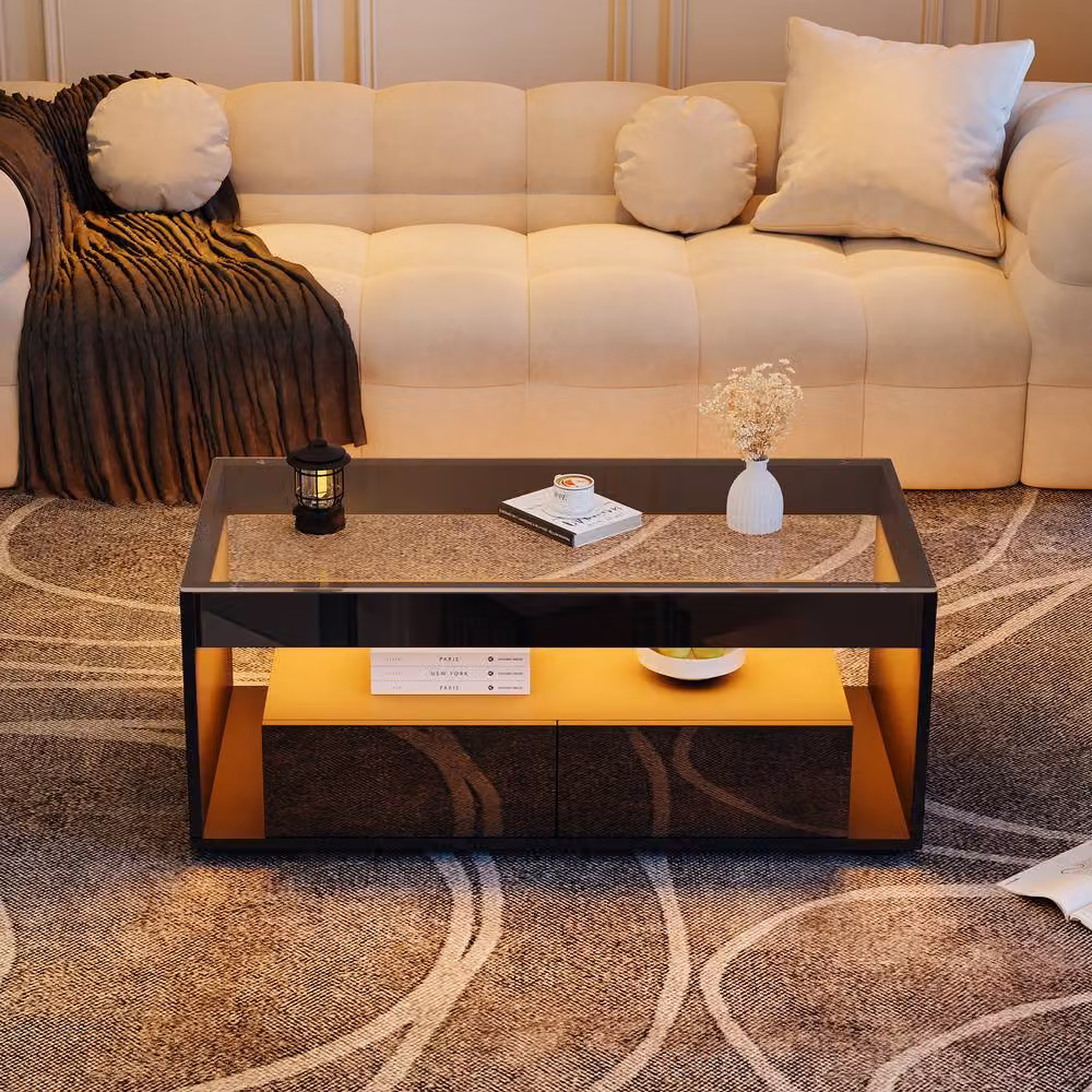 ModernLuxe High Gloss Rectangular Coffee Table with Glass Top and 2 Drawers in Black – 2