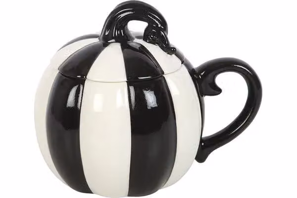 KDMD Black and White Striped Ceramic Pumpkin Lidded Mug – 5