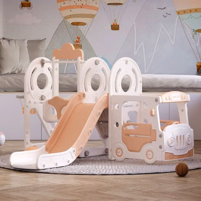 Livingandhome 3 In 1 Toddler Climber Slide and Play Swing Set Smiling Bus in Beige and Brown