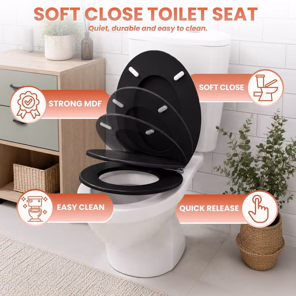 Marco Paul Black Oval MDF Toilet Seat with Soft Close and Quick Release Function – 3