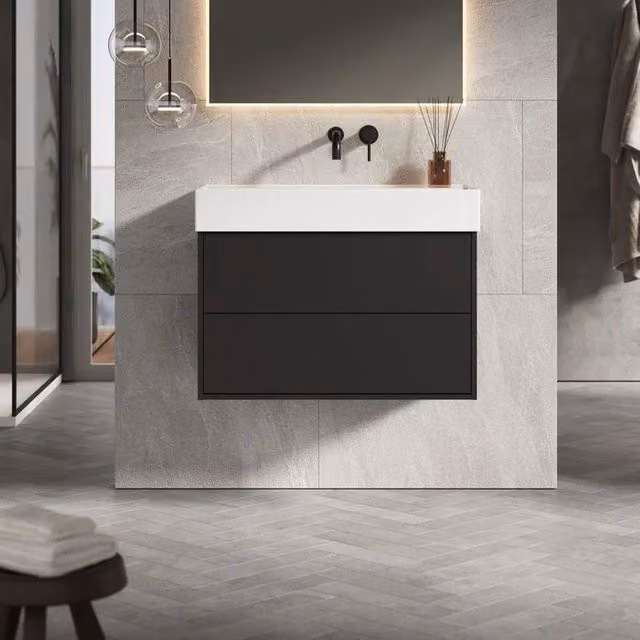Banyetti Venti 800mm Wall Hung Vanity Unit with Veneto No Tap Hole Basin, Matt Black – 1
