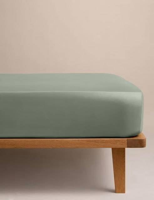 M&S Egyptian Cotton 400 Thread Count Mako Satin Deep Fitted Sheet, Green, W/D/H: 140 x 200 cm
