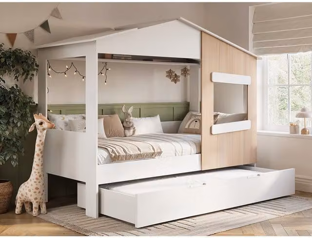 Flair Furnishings Dreamland House Bed with Trundle in White and Oak – 1