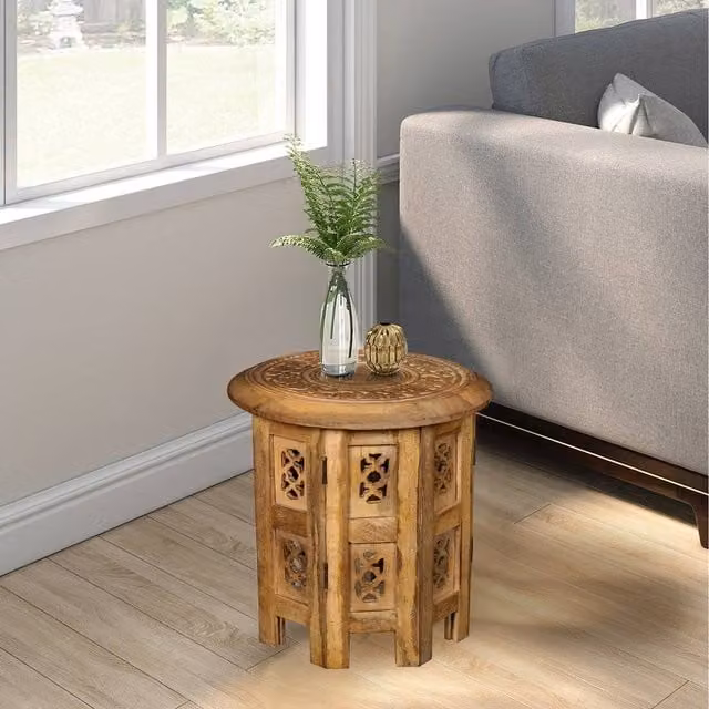 Topfurnishing Round Carved Wooden Coffee, Bedside or End Table in Gold, Yellow and Brown, W/D/H: 45 x 45 x 45 cm