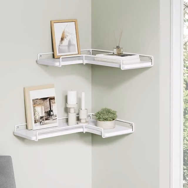 The Bazaarist Pack of 2 Wall Mounted Corner Floating Display Shelves in Matt White