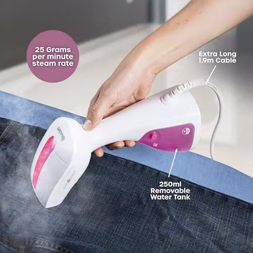 Swan Handheld Garment Steamer with Brush Attachment in White and Pink – 4