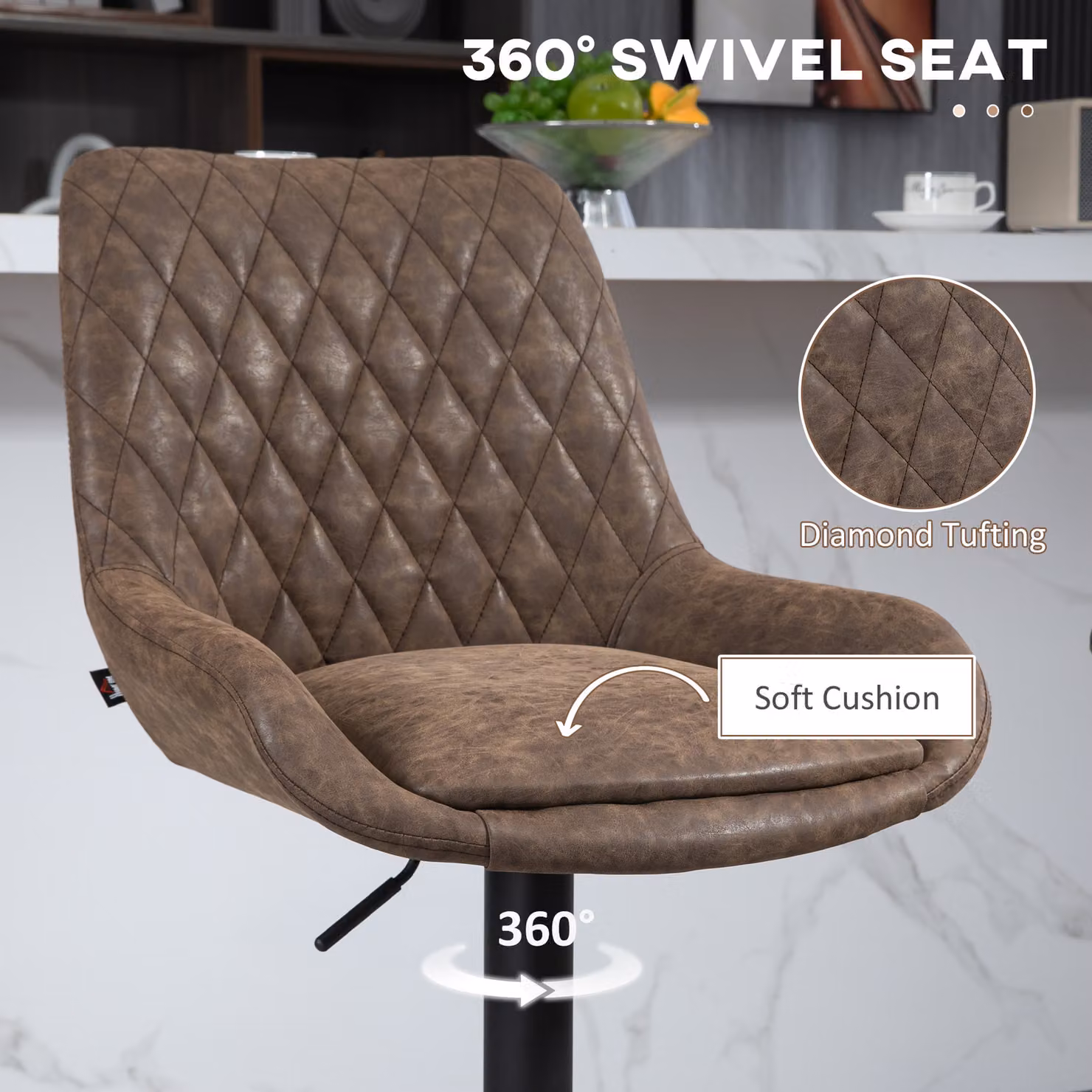 HOMCOM Set of Two Retro Adjustable High Back Bar Stools in Brown Faux Leather with 360 Degree Swivel – 6