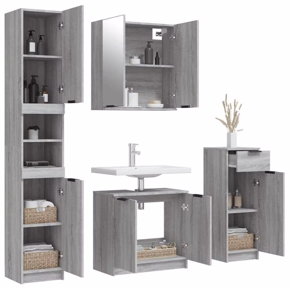 Berkfield Home 4 Piece Modern Grey Bathroom Cabinet Set with LED Lighting and Mirror – 2