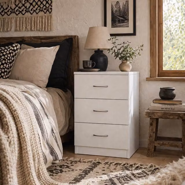 Wyld Haus Yotose White 3 Drawer Bedside Table with Silver Handles, W/D/H: 40.0 x 35.0 x 58.0 cm – 1