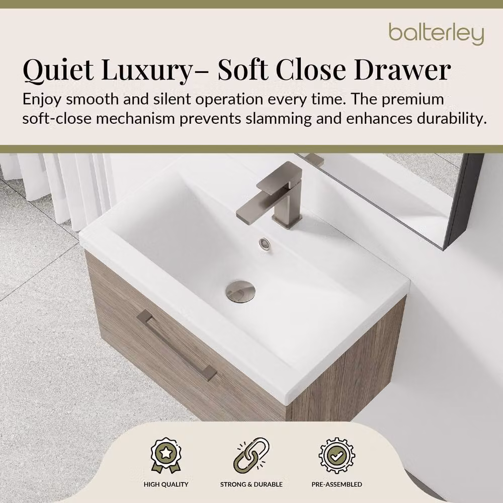 Balterley Mid Oak 600mm Wall Hung 1 Drawer Vanity Basin Unit with Pewter Handle in Brown – 3