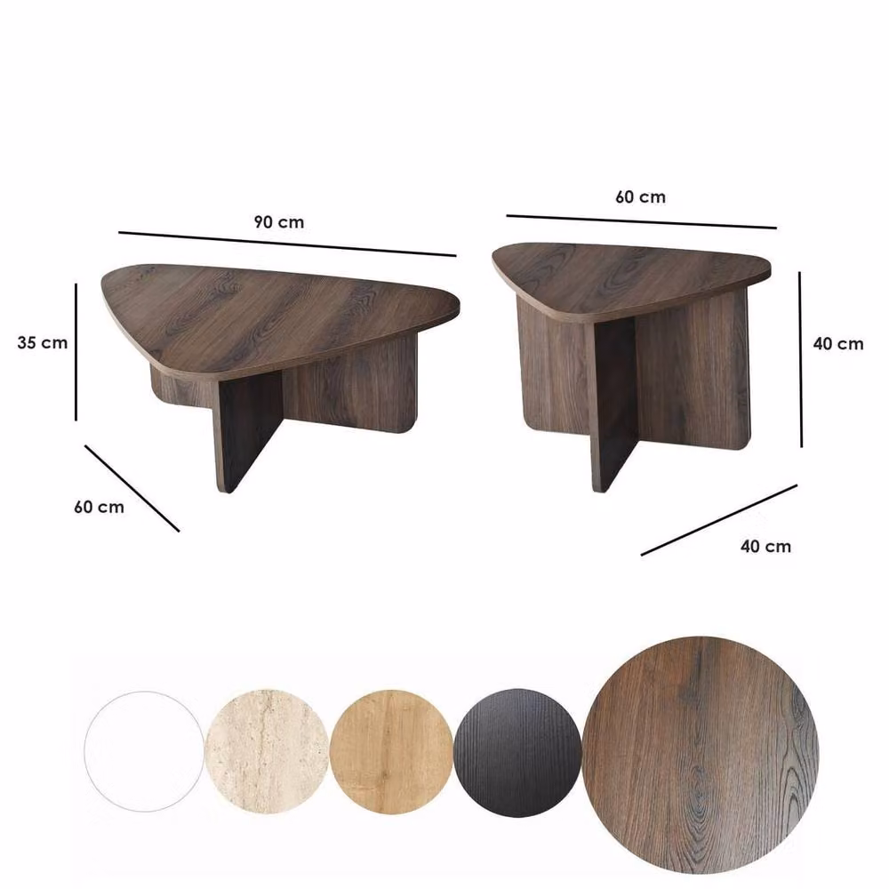 CALICOSY Set of 2 Triangular Coffee Tables with Rounded Edges in Brown Walnut, W/D/H: 60 x 60 x 35 cm – 4