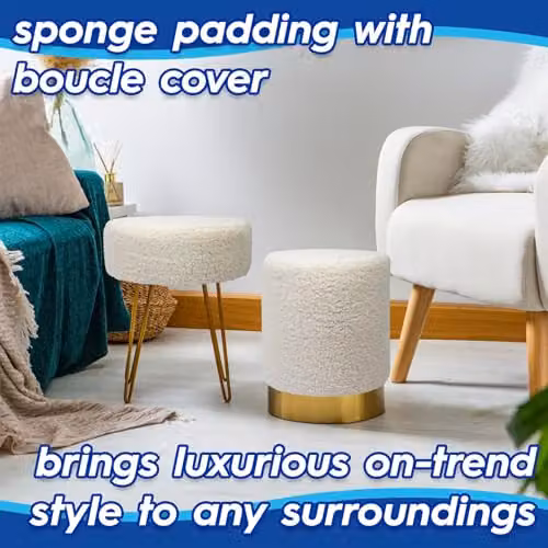 Harbour Housewares Pack of 2 Round Boucle Footstools in Beige with Gold Metal Legs, H41 x D45 cm – 3