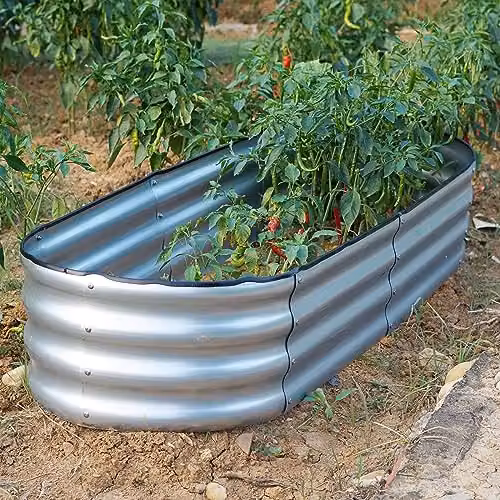 Gr8 Garden Galvanised Steel Oval Raised Bed Planter in Silver, W: 182 cm, D: 61 cm, H: 30 cm