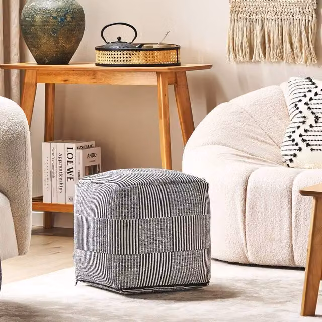 Wyld and Coco Black and White Striped Cotton Cube Pouffe W/D/H: 40 x 40 x 40 cm – 1