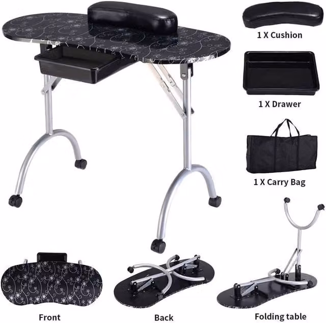 Havendro Portable Black Metal Manicure Table for Professionals with Castors