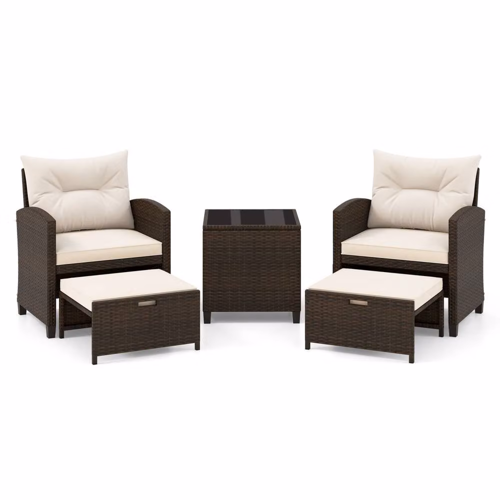 Gymax 5 Piece Brown Polyrattan Patio Furniture Set with Upholstered Cushions, Coffee Table and Ottoman – 9