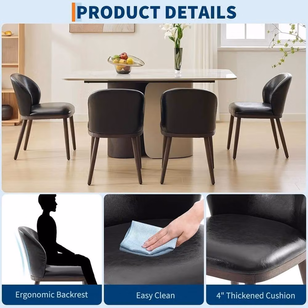 VOGREX Set of 2 Black Leather Upholstered Dining Chairs with Ergonomic Back Support – 4