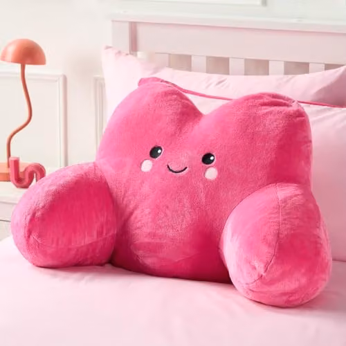 OHS Hazel the Heart Cuddle Cushion in Pink, Soft Teddy Fleece Reading Pillow with Back and Neck Support, W/D/H: 43 x 40 x 43 cm