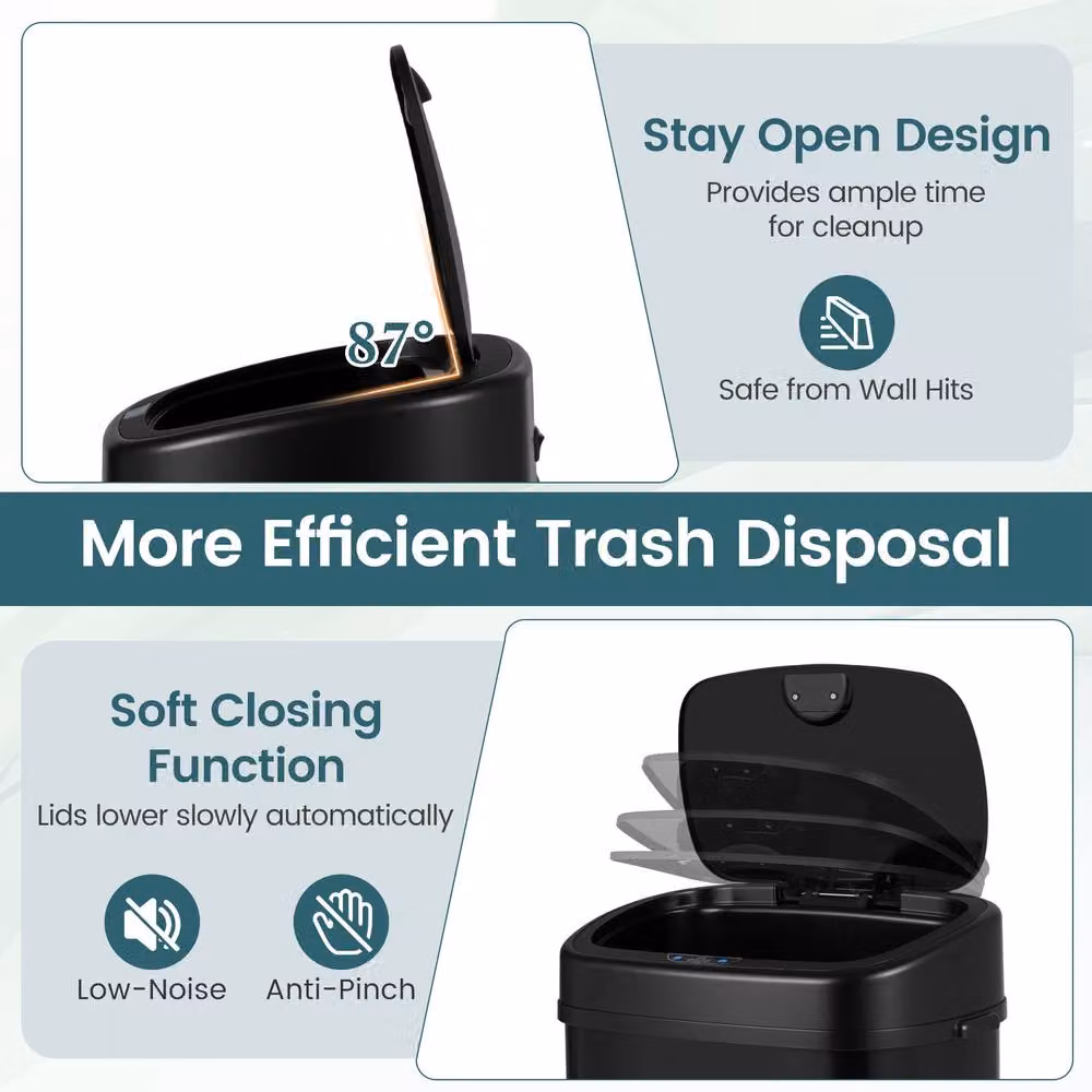 Costway 68L Infrared Motion Sensor Garbage Can with Dual-Zone Design and Soft-Close Lid in Black – 7