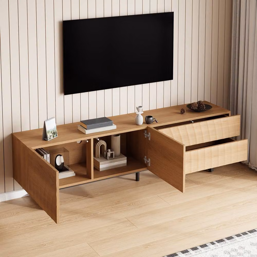 Rolipo Modern Wood TV Stand with Wavy Texture, Brown Media Unit, Width: 180 cm – 4