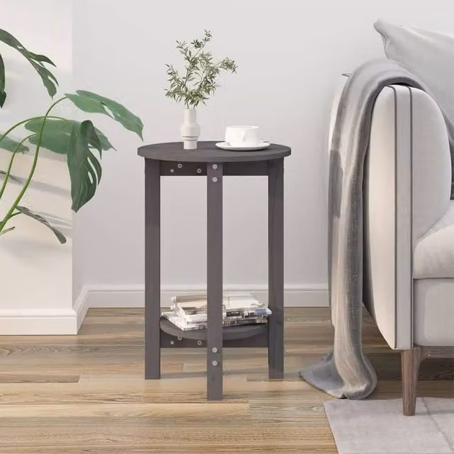 Berkfield Home Beautiful Round Coffee Table in Grey Solid Pine, W/D/H: 60 x 40 x 40 cm