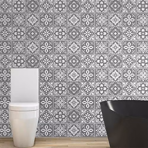 WALPLUS 24 Pcs Grey Cement Wall Tile Stickers, Self-Adhesive Square Backsplash Decals, 15 x 15 cm – 2