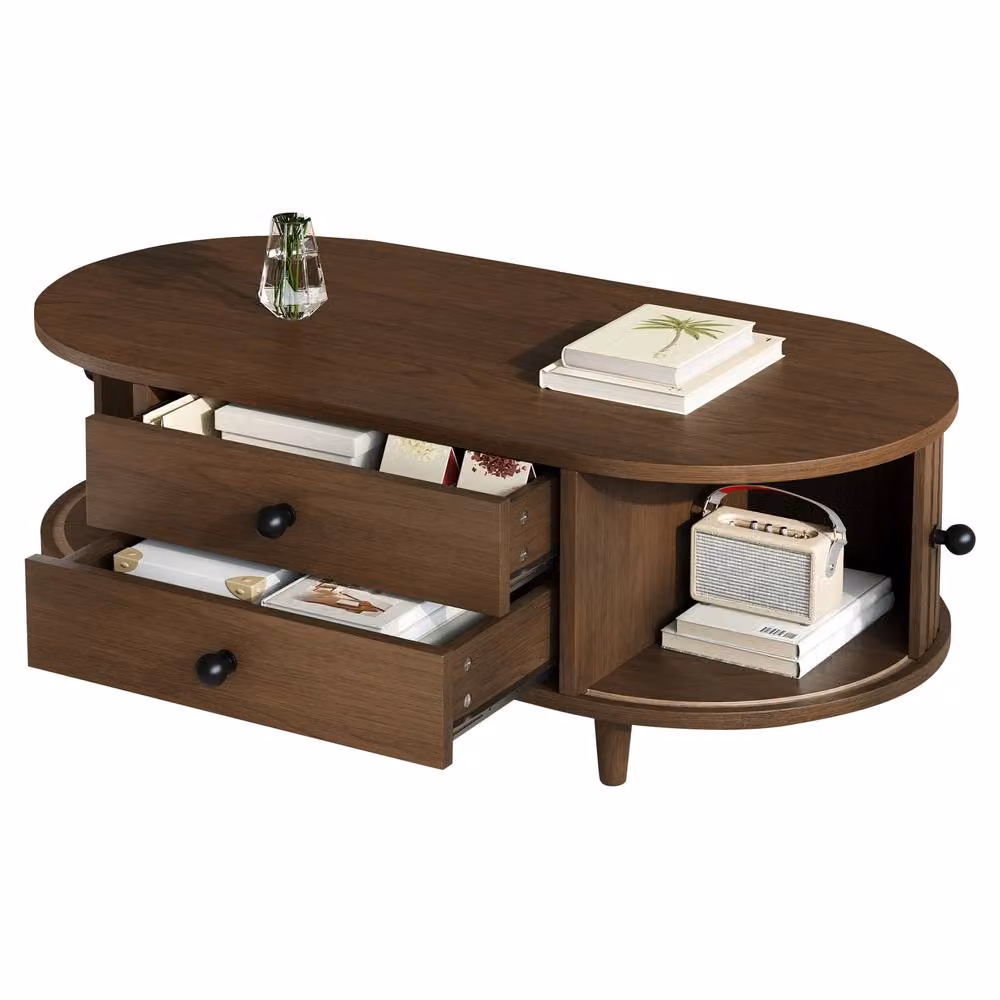 Merax Walnut Oval Wooden Coffee Table in Brown with Fluted Sliding Doors and Drawers – 5