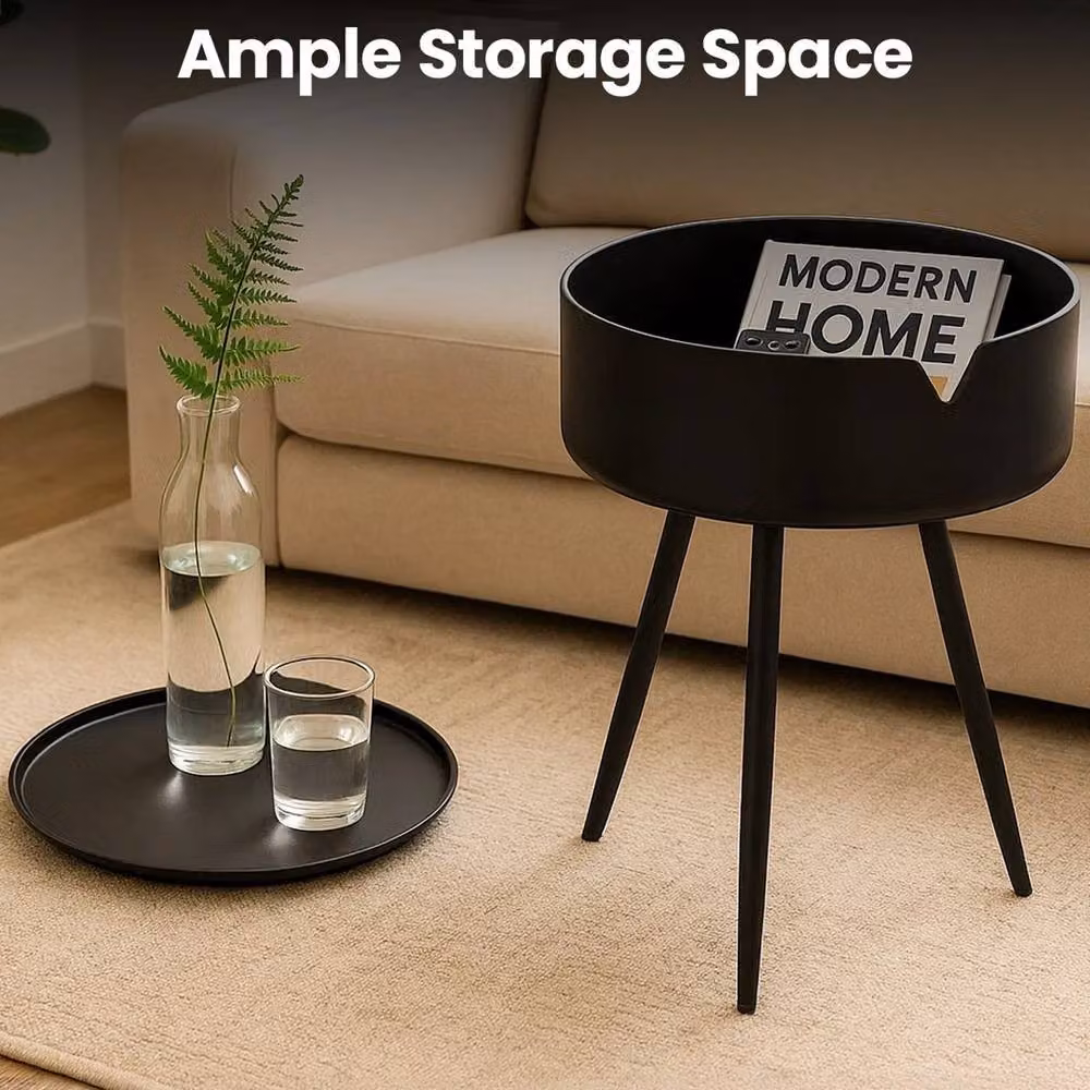 VOGREX Modern Round Black Metal Side Table and Bedside Nightstand – 3