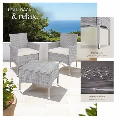tectake Lucerne Rattan Garden Furniture Set in Light Grey with Glass Tabletop and Beige Cushions – 4