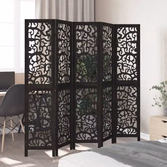 Berkfield Home 5-Panel Room Divider in Black Solid Paulownia Wood – 1